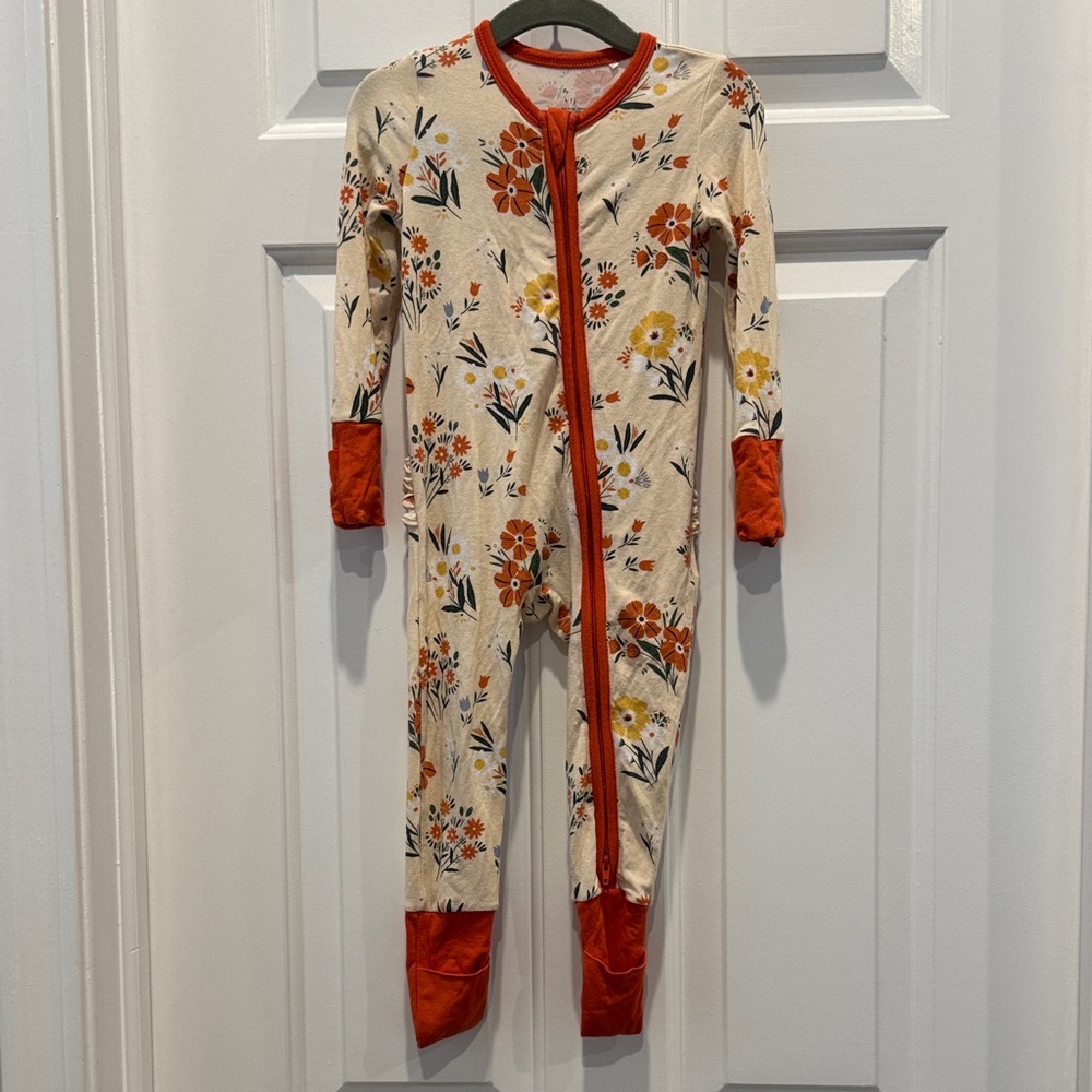 Angel Dear footie zip pajama with floral in yellow and orange